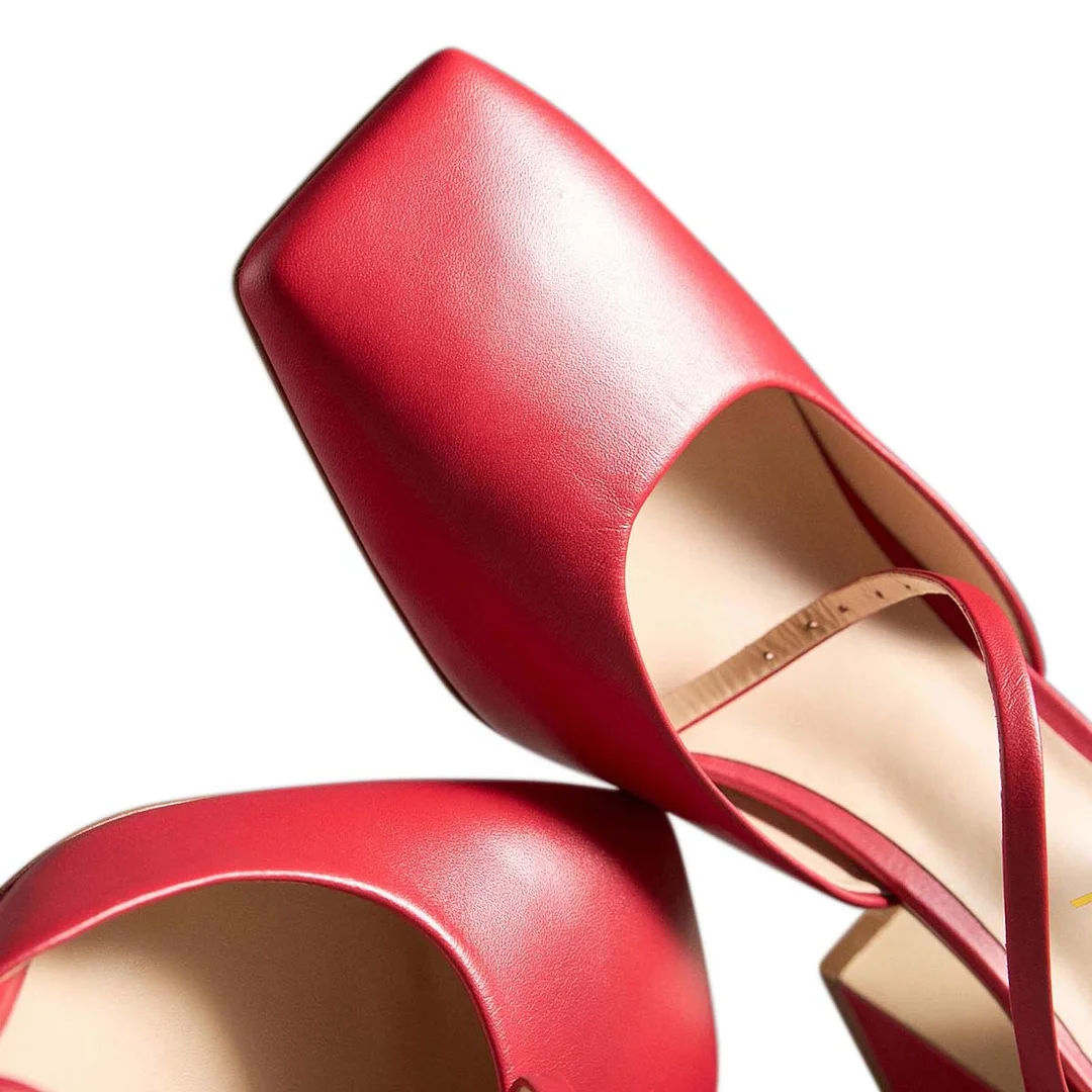 Vegan Leather Square Toe Buckle Fastening Strap Red Mary Janes