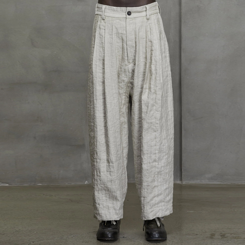Men's White Cotton And Linen Pleat Front Wide-Leg Trousers