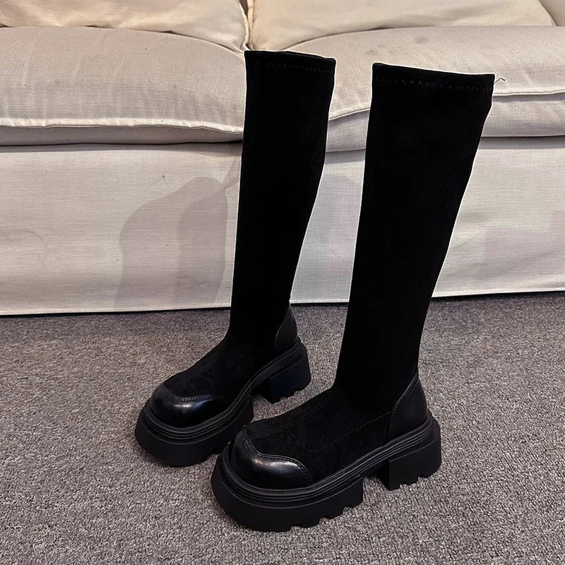 Vintage Stretch Women Knee High Boots Fashion Slip On Shoes Autumn Winter Thick Heel Ladies Morder Long Booties Aiertu