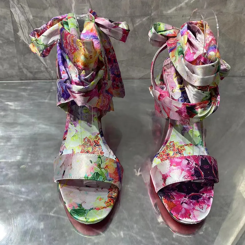 100mm Women's High Heels Fashion Floral Bow Ribbon Silk Red Bottom Sandals-vocosishoes