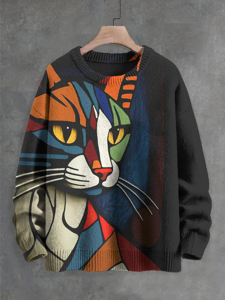 Men's Colorblock Cat Geometric Art Print Knit Sweatshirt