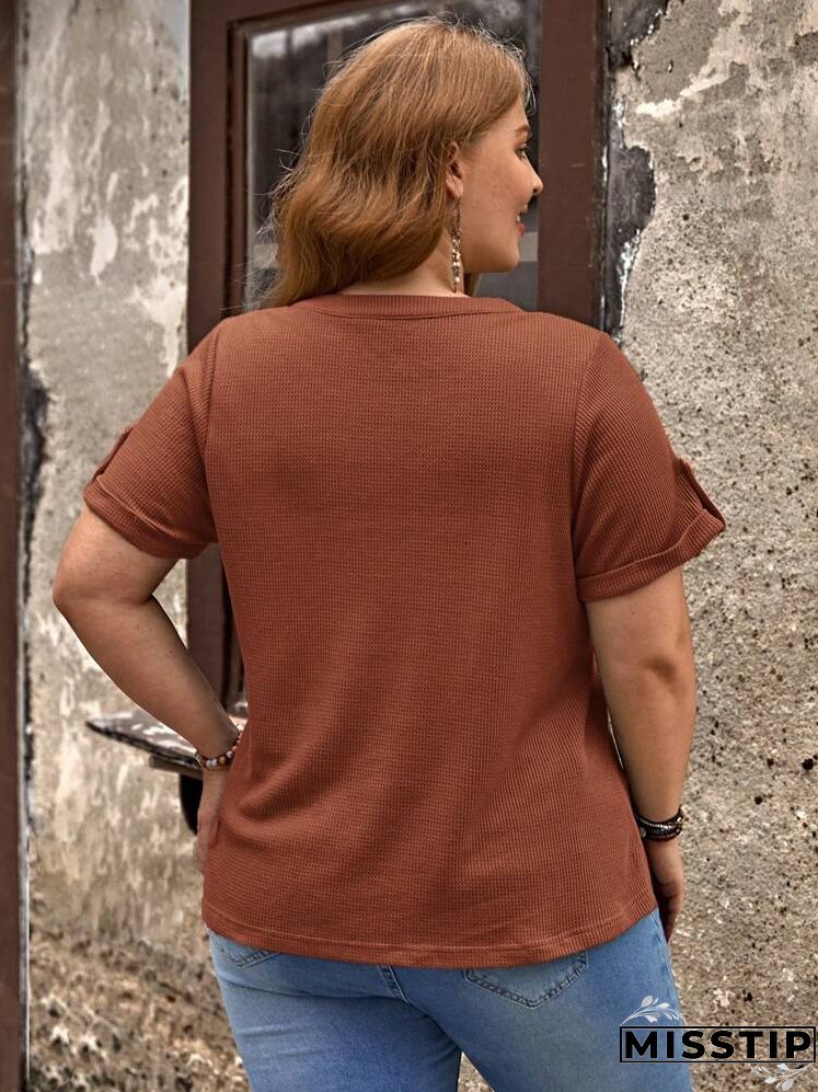 Plus Notched Neckline Roll Tab Sleeve Tee