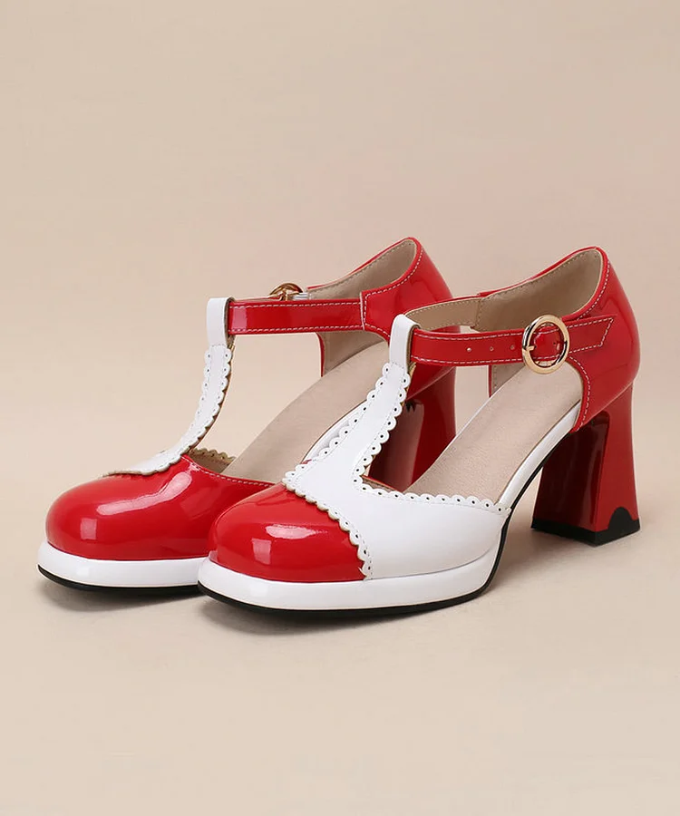 1950s Round Toe Chunky Heel T Buckle Shoes