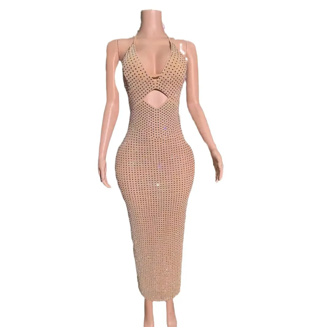 Brownm Heavy Industry Flash Diamond Suspension Hanging Dress Light Luxury Small Party Birthday Sexy Dress