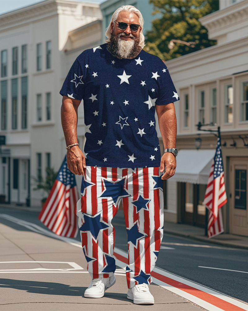 Men's Plus Size Independence Day Star Striped Print T-Shirt Trousers Suit