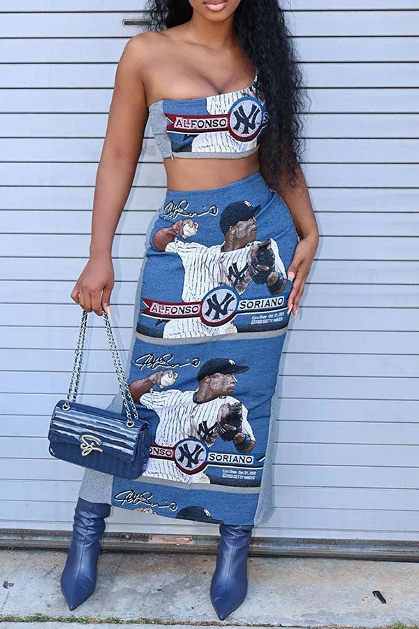 Cartoon Baseball Print Smart One Shoulder Dress Suit