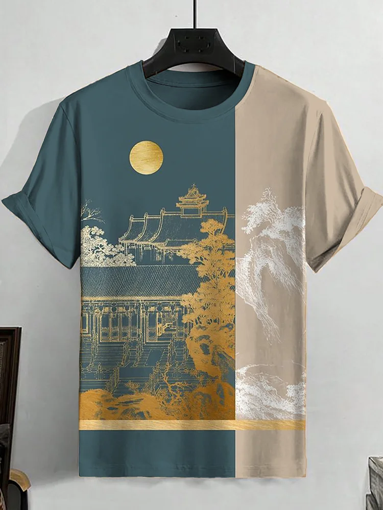Men's Retro Art Landscape Painting Print Color Block Casual T-Shirt