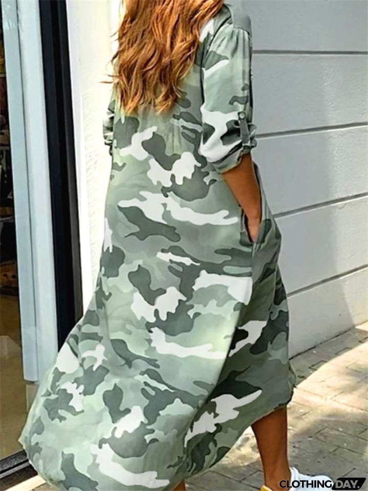 Ladies Fashion Sexy Print V- Neck Long Vintage Dresses