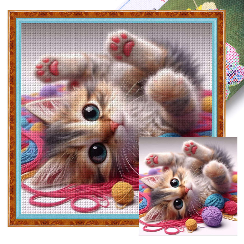 Cat playing with a ball of yarn Full 11CT Pre-stamped Canvas(40*40cm) Cross Stitch