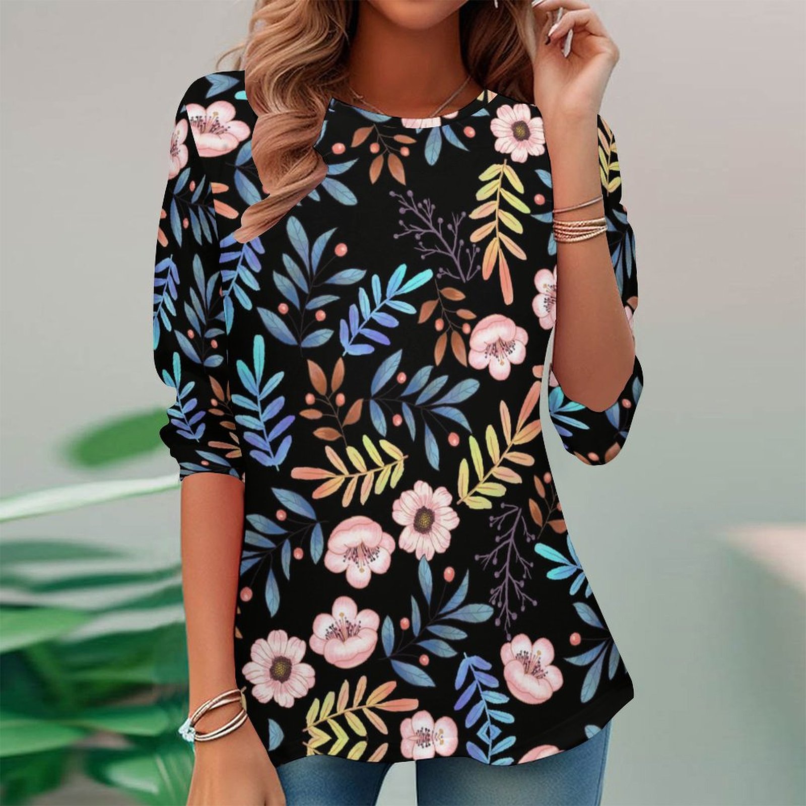Women Long Sleeve V-neck Graphic Floral Printed Top