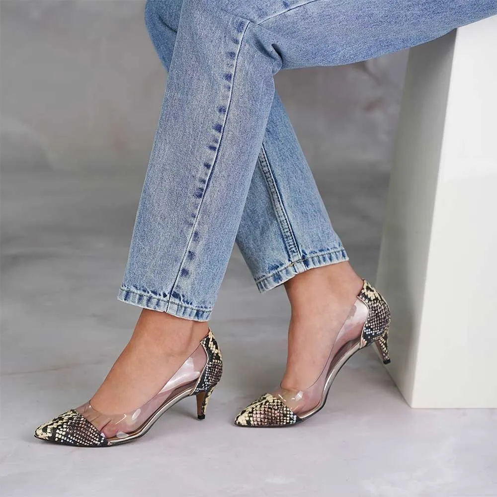 Multicolor Snakeskin Print Patchwork Pointed Toe Pumps Heels