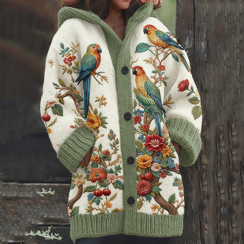 Women's  Parrot Floral Art Cozy Knit Hooded Cardigan wearshes
