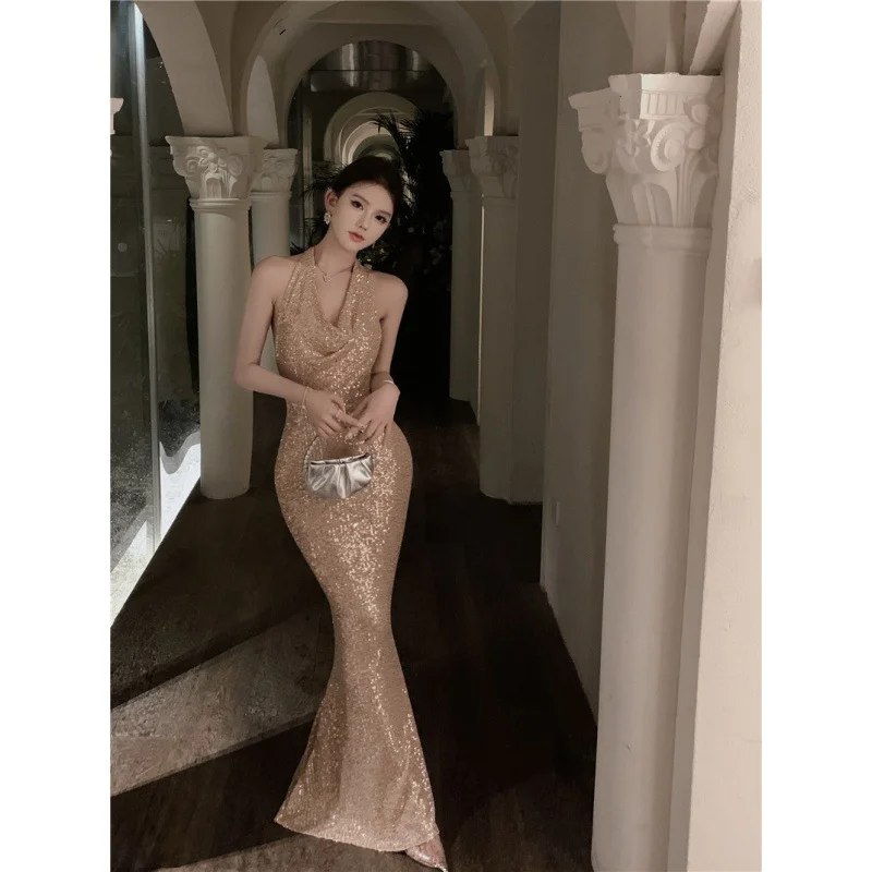 Zingj Zingj Shot Champagne Color Sparkling Sequins Swing Collar Gauze Small Dress Dress Heavy Industry Dinner Dress Engagement Dress Woman