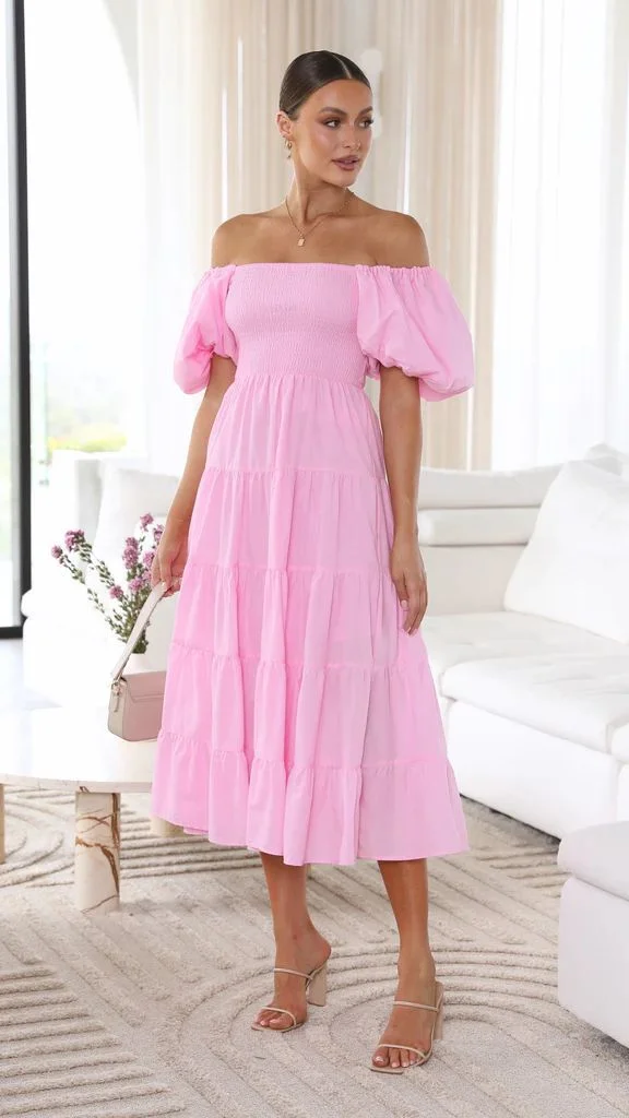 Uveng Puff Sleeve Holiday Slim Looking Long Dresses