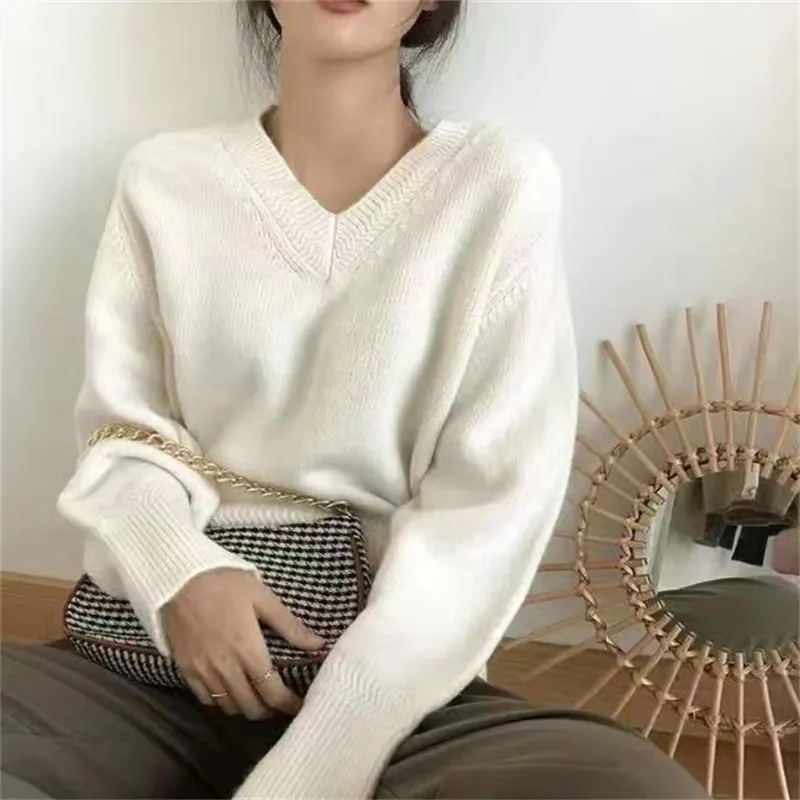 Churchf Churchf Autumn Winter New Style Lazy Wind Restoring Ancient Ways Temperament V Collar Design Sense Sweater Simple And Versatile Pure Color Sweater Female