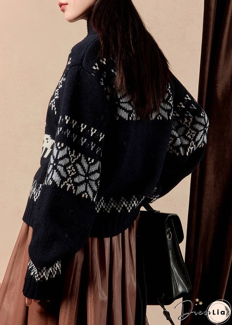 Jacquard Navy Button Cozy Knit Coats Winter