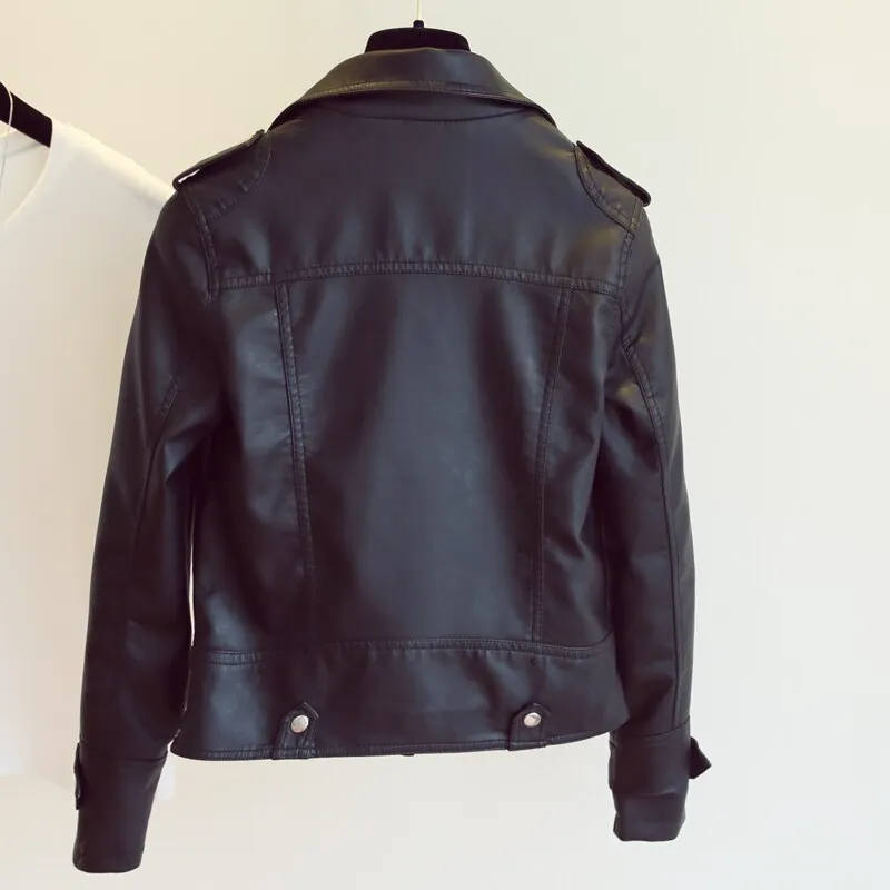 Fitaylor Female New Spring Autumn PU Leather Jacket Faux Soft Leather Coat Slim Black Rivet Zipper Motorcycle Pink Jackets