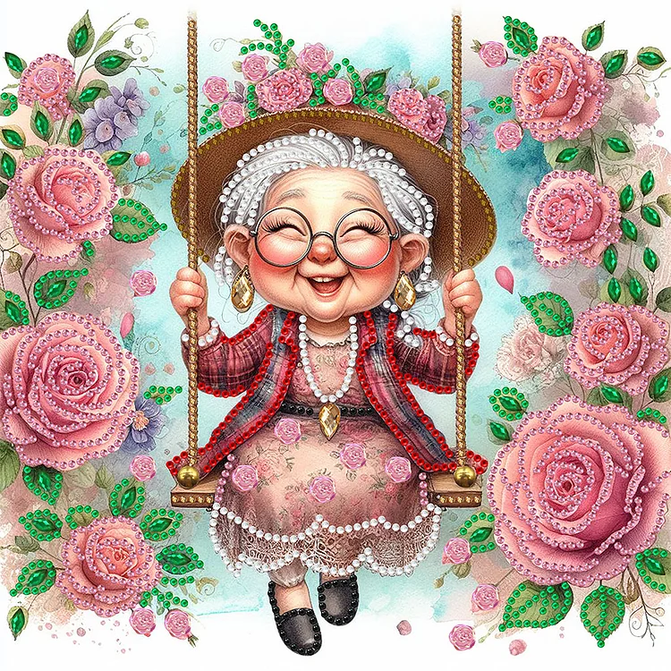 Partial Special-shaped Diamond Painting - Optimistic Old Lady On Swing 30*30CM