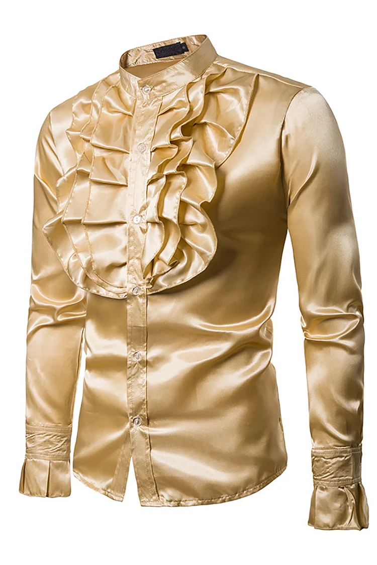 Ruffle Stand-Up Collar Satin Long Sleeve Solid Color Vintage Shirt