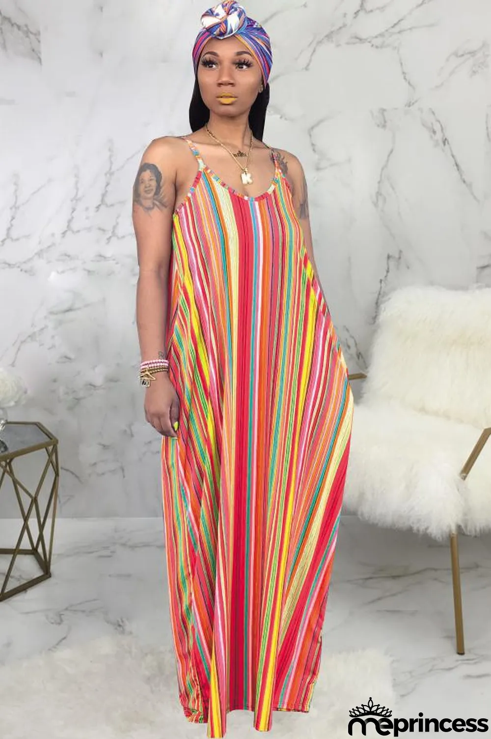 Green Polyester Sexy Fashion Tank Sleeveless Slip A-Line Floor-Length Print asymmetrical Striped Patchwork