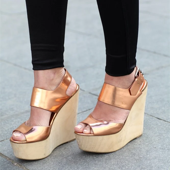 Gold Peep Toe Platform Wedge Sandals Buckle Sandals |FSJ Shoes