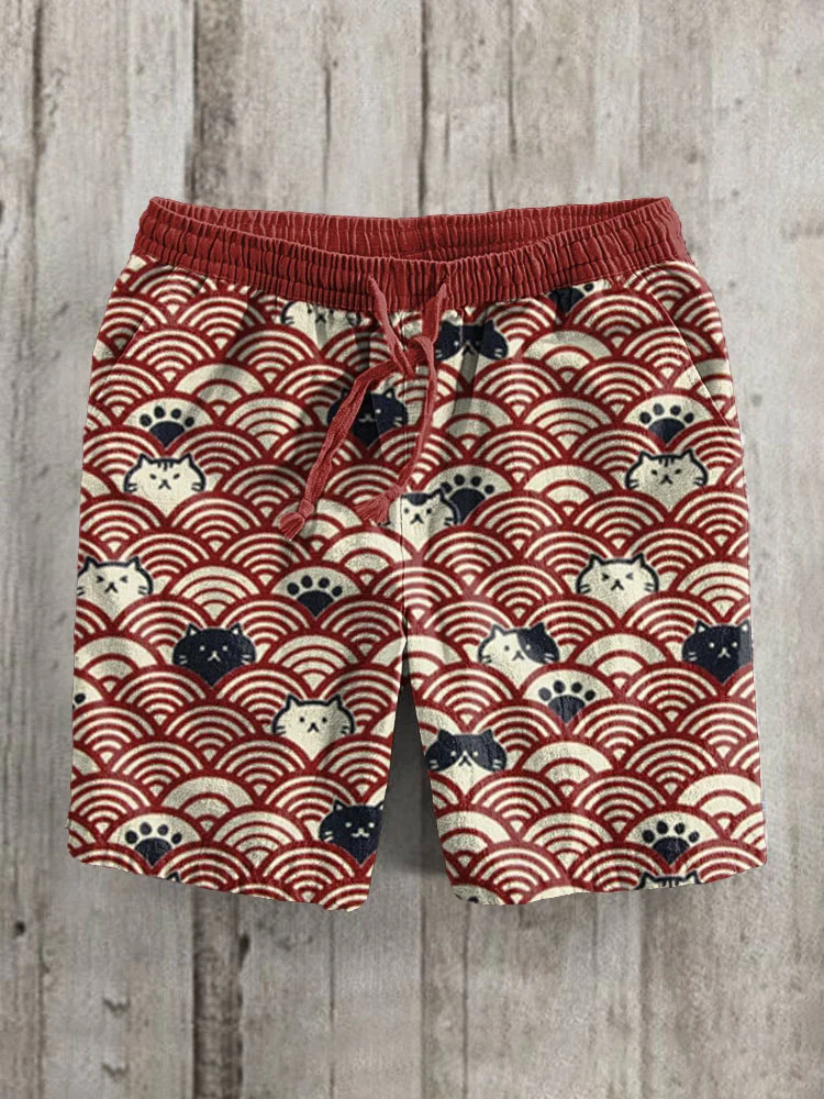Japanese Waves And Cats Pattern Linen Blend Casual Shorts