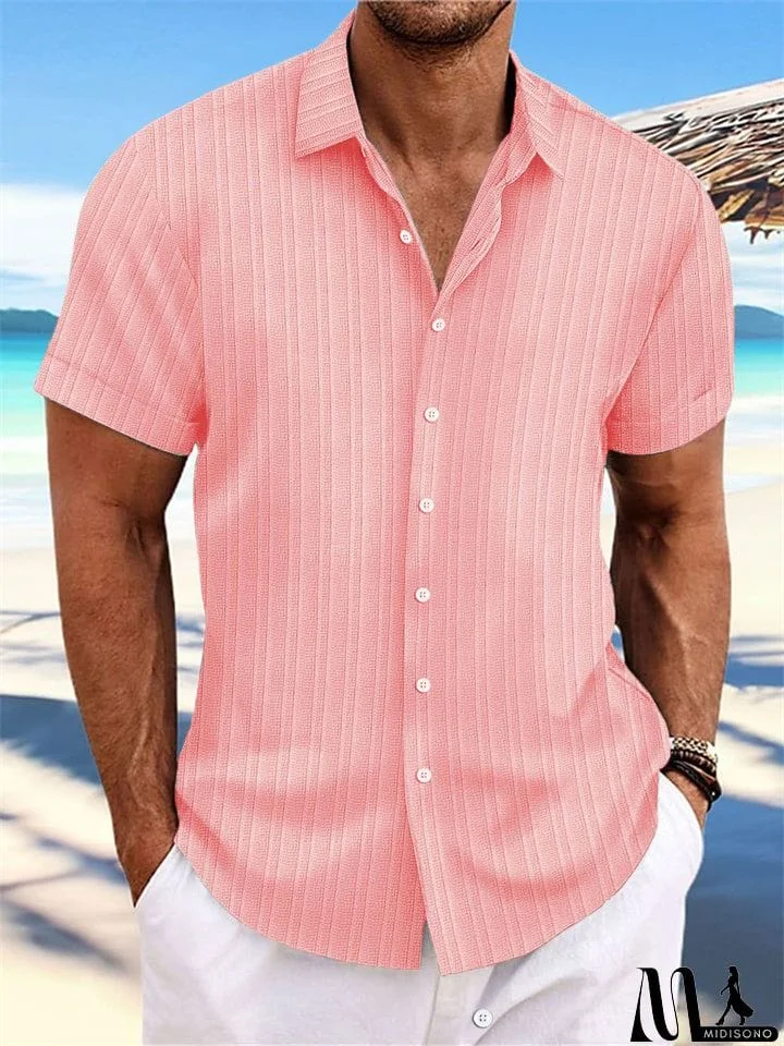 MidiSono - Men's Striped Texture Cotton Linen Short Sleeve Shirt