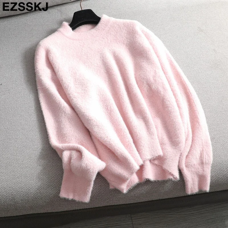 autumn winter oversize thick mink cashmere sweater poullovers women batwing sleeve 2021 female casual warm fur sweater jumper