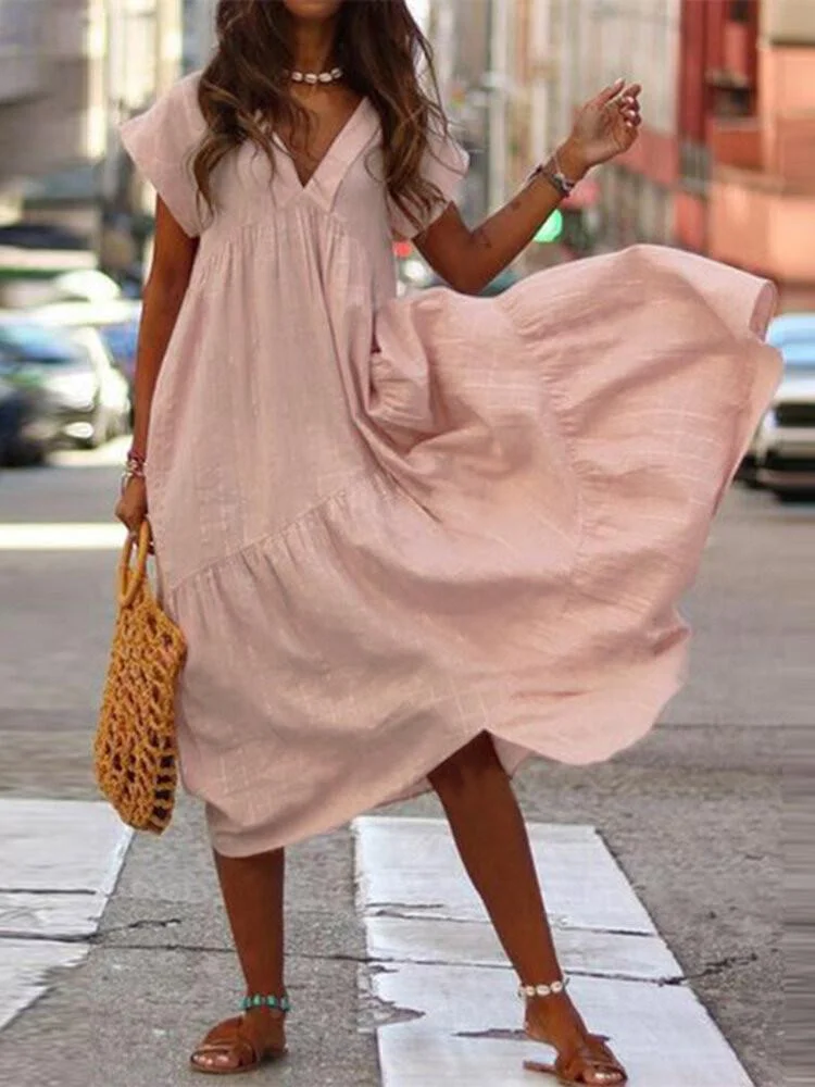 V-neck Short Sleeve Loose Solid Color Plus Size Dress
