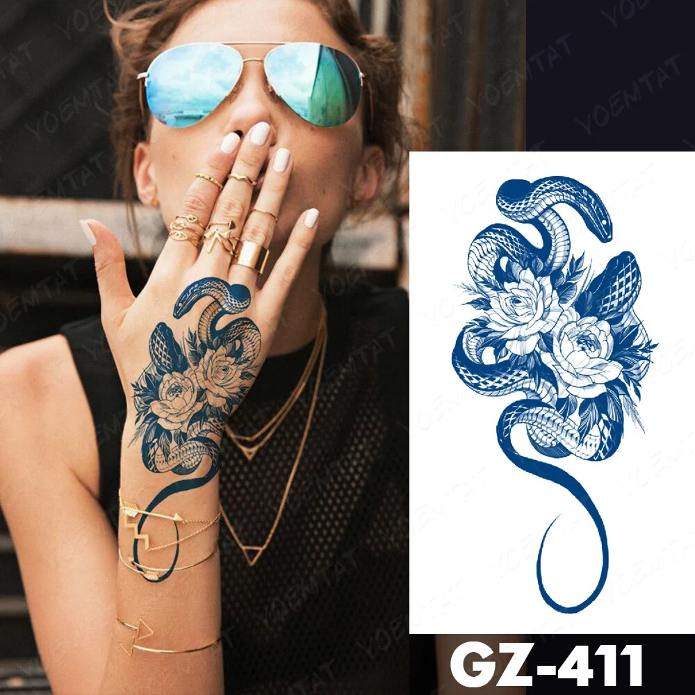 Sdrawing Juice Lasting Ink Waterproof Temporary Tattoo Sticker Genipin Herbal Tatoo Women Body Art Fake Tatto Snake Flower