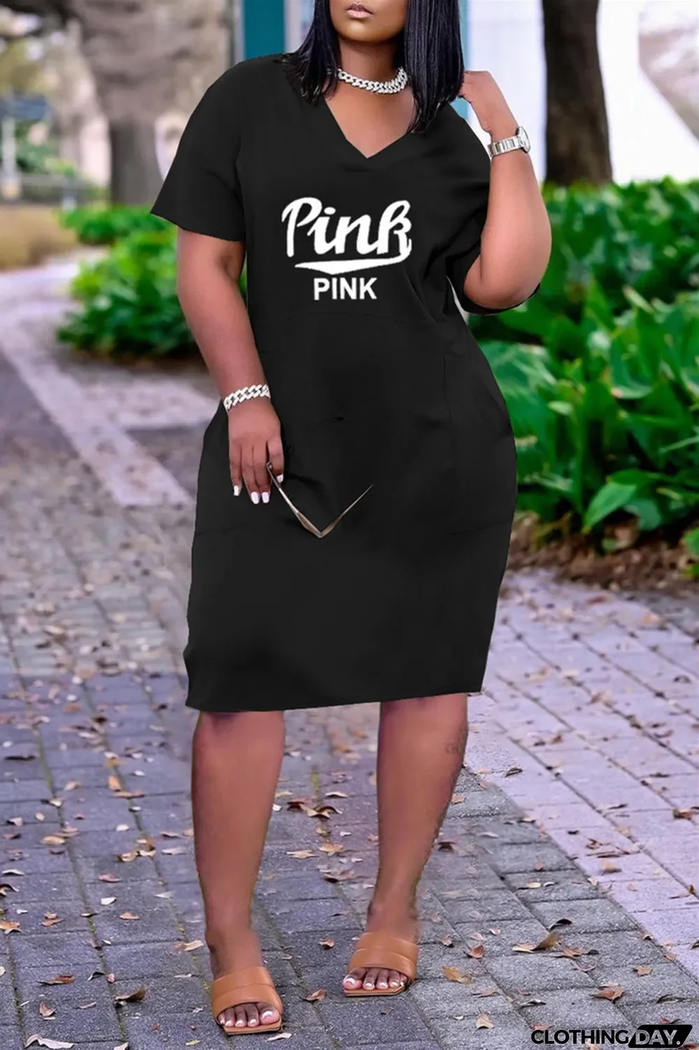 Red Fashion Casual Letter Print Basic V Neck Short Sleeve Dress Dresses