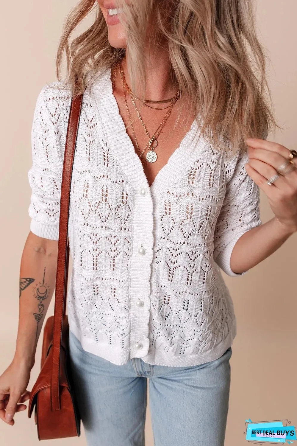 White Frenchy Hollow Out Knitted V Neck Cardigan
