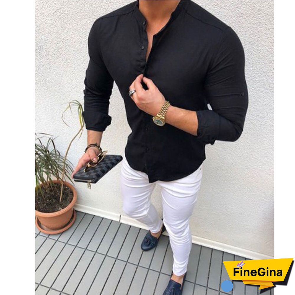 Men Long Sleeve Shirt Button Up Casual Top Male V-Neck Button Tee Shirts M-2XL