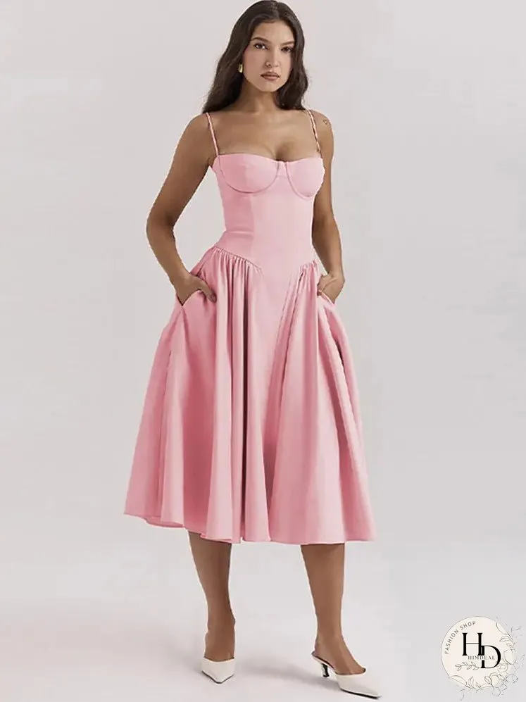 Elegant Solid Sling Long Pleated Dress Chic Sleeveless Backless A-Line Summer Party Club