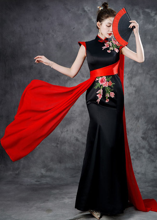 VCSHOES Black Red Stand Collar Embroidered Ribbon Silk Maxi Fishtail Dresses Summer