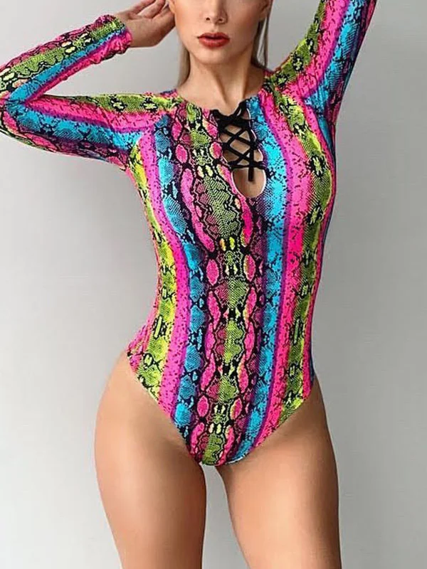 Long Sleeve Color-Block Snake-Print Bandage Wetsuit