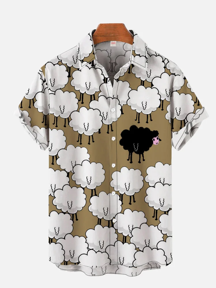 Group Photo Of The Sheep Family Striking Black Sheep Printing Short Sleeve Shirt