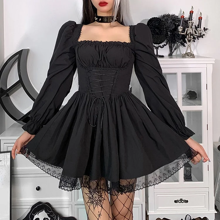 InsDoit Gothic Lolita Lace Up Black Corset Dress Women Harajuku Vintage Lace Aesthetic High Waist Dress Punk Party A Line Dress