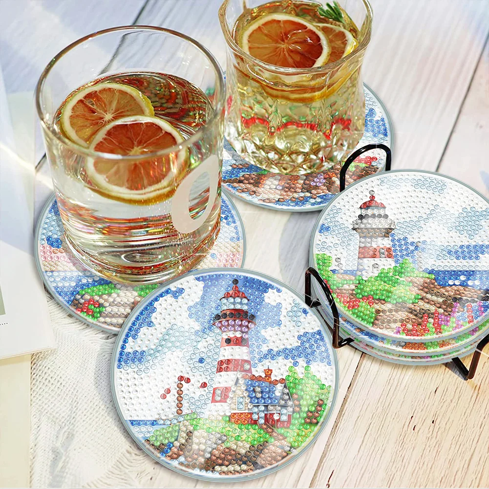 [Upgrade - Waterproof Coaster]6pcs DIY Lighthouse Acrylic Special Shape Diamond Painting Art Coaster Kit with Holder(With Covers)