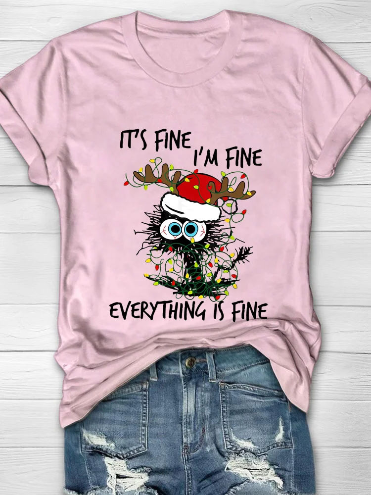 Eagerlys Deer It’s Fine I’m Fine Everything Is Fine Christmas Tree Cat T-shirt Eagerlys