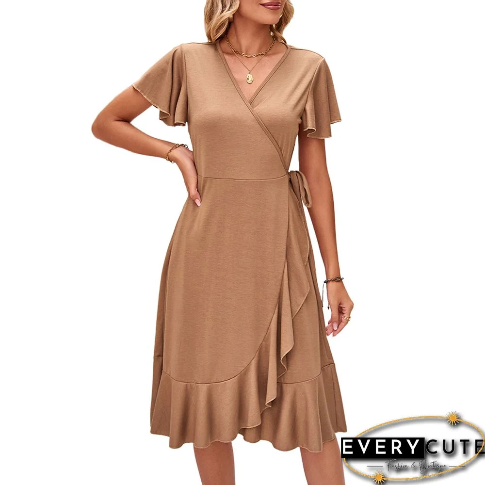 Khaki V Neck Ruffle Hem Tie Waist Casual Dress