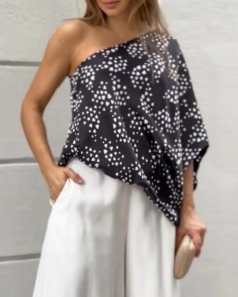 Two-piece set of casual printed sloping top & solid wide-leg pants