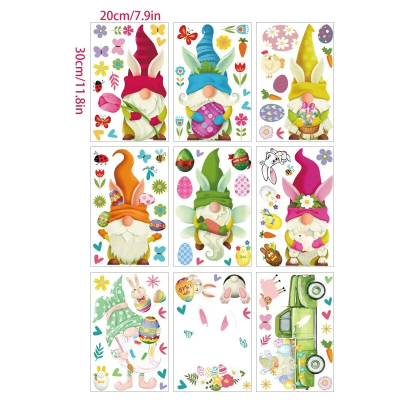 9Sheets Easter Window Stickers Cartoon Rabbit Egg Wall Sticker Fridge DIY Decal Happy Easter Party Decorations for Home 2022