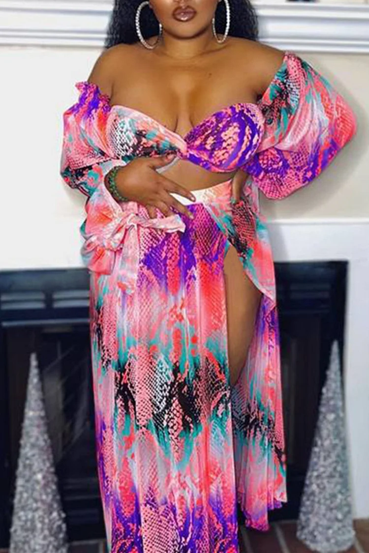 Pink Fashion Sexy Print Bandage Backless Slit Off the Shoulder Plus Size Two Pieces