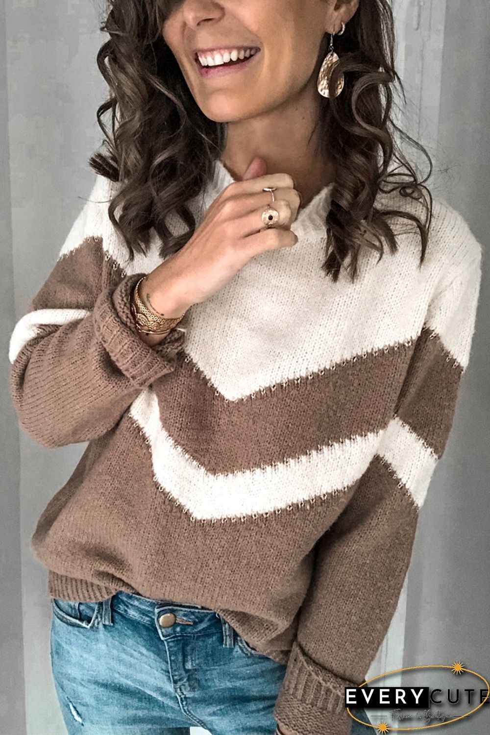 Khaki Chevron Colorblock Crew Neck Sweater