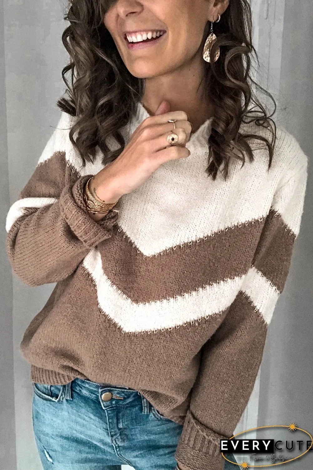 Khaki Chevron Colorblock Crew Neck Sweater