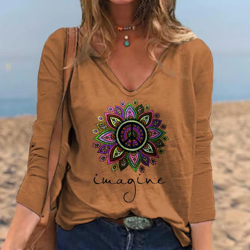 Imagine Featured Lotus Printed Long-sleeved V-neck T-shirt