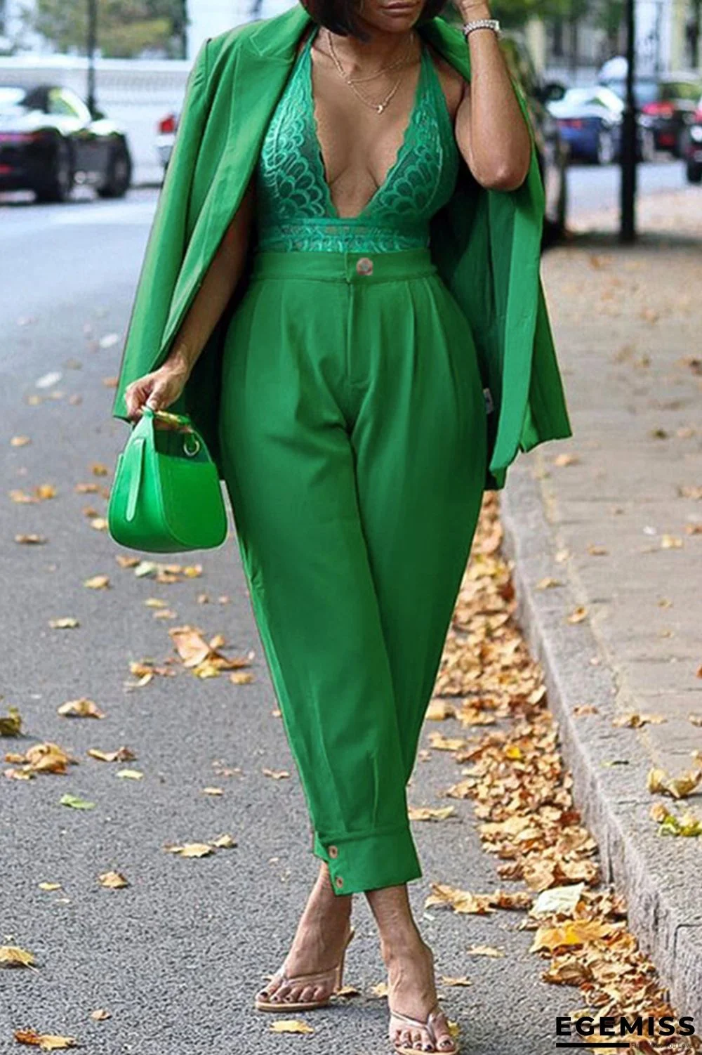 Green Fashion Casual Solid Cardigan Pants Turndown Collar Long Sleeve Two Pieces | EGEMISS