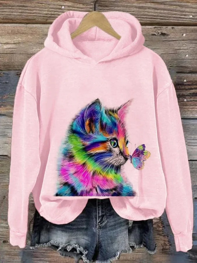 Women's Cute Cat With Butterfly Print Casual Hooded socialshop