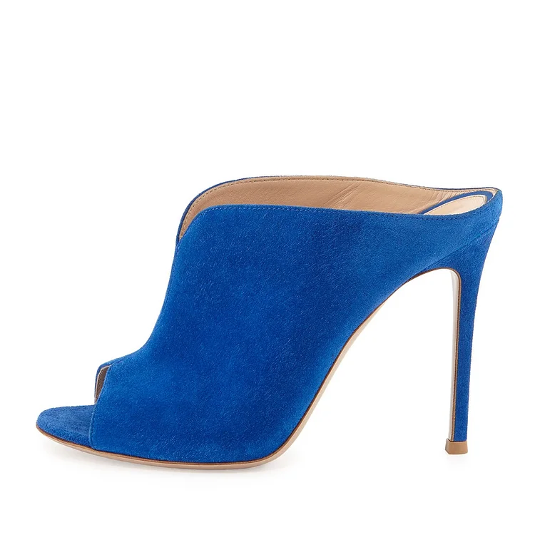 Cobalt Blue Peep Toe Suede Stiletto Heel Mules for Office Ladies Vdcoo